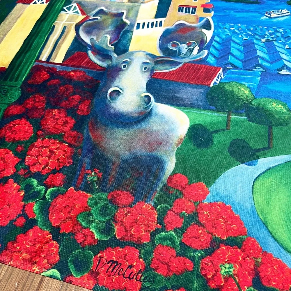 D McCulley Moose in the City Floral Flag Tapestry Wall Hanging Decor